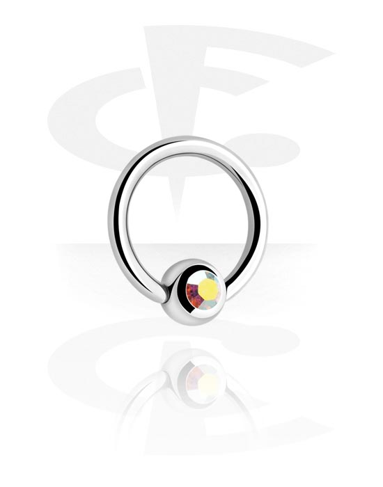 Piercing Rings, Ball closure ring (surgical steel, silver, shiny finish) with crystal stone, Surgical Steel 316L