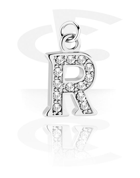 Charm with letter R in silver with stones