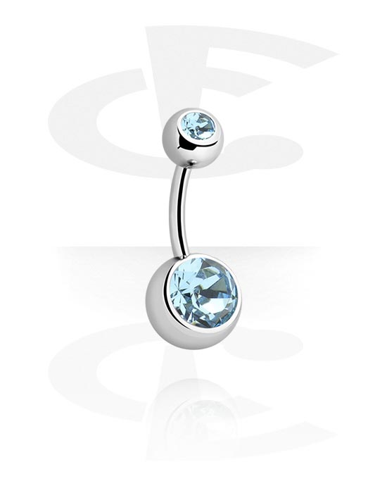 Curved Barbells, Belly button ring (surgical steel, silver, shiny finish) with balls and crystal stones, Surgical Steel 316L
