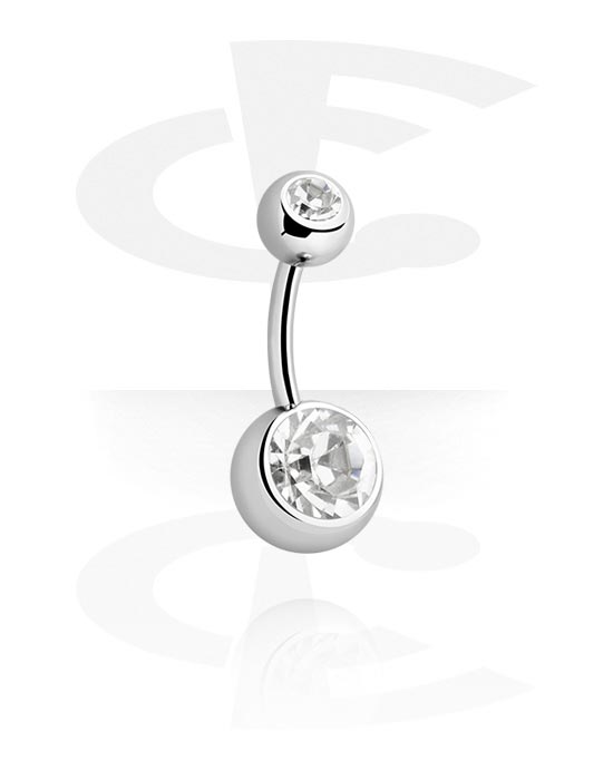 Curved Barbells, Belly button ring (surgical steel, silver, shiny finish) with balls and crystal stones, Surgical Steel 316L