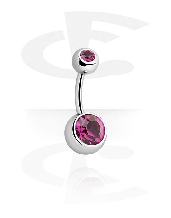 Curved Barbells, Belly button ring (surgical steel, silver, shiny finish) with balls and crystal stones, Surgical Steel 316L