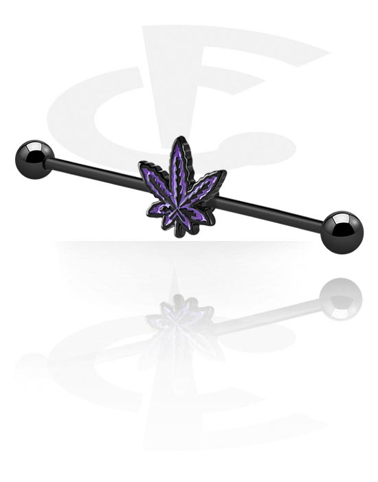 Barbells, Industrial Barbell with Marijuana leaf, Surgical Steel 316L ,  Plated Brass