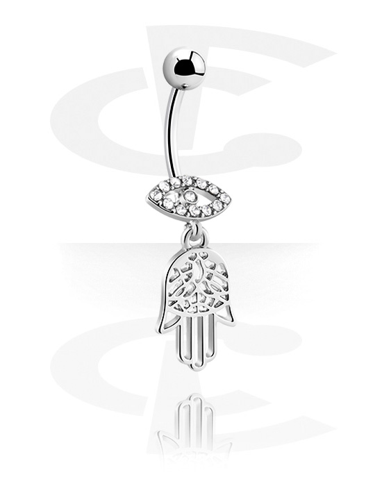 Bananer, Belly button ring (surgical steel, silver, shiny finish) med Fatima hand charm och kristallstenar, Kirurgiskt stål 316L, Överdragen mässing