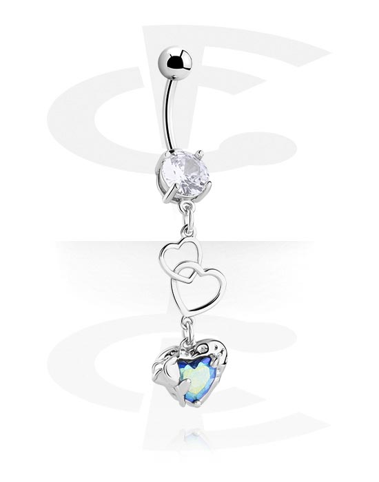 Bananes, Piercing pour le nombril (acier chirurgical, argent, finition brillante) avec pendentif coeur et pierres en cristal, Acier chirurgical 316L ,  Laiton plaqué