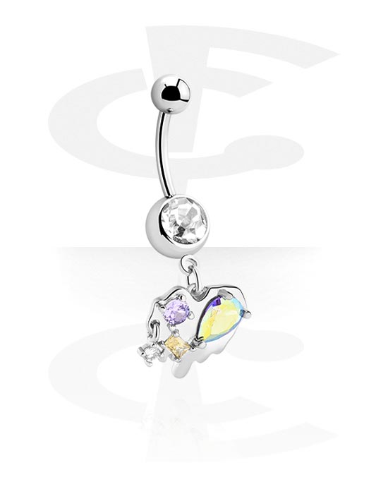 Curved Barbells, Belly button ring (surgical steel, silver, shiny finish) with heart charm and crystal stone in various colours, Surgical Steel 316L ,  Plated Brass