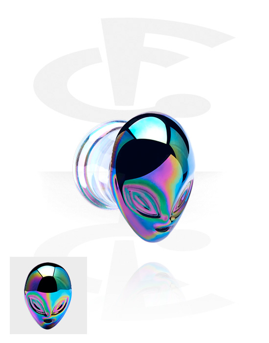 Tunnels & Plugs, Double flared plug (glass) with alien attachment and metallic look, Glass