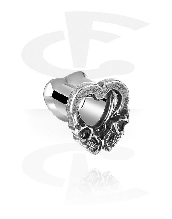 Tunely & plugy, Tunel s rozšířenými konci ve tvaru srdce (chirurgická ocel, stříbrná, lesklý povrch) s designem lebka, Chirurgická ocel 316L