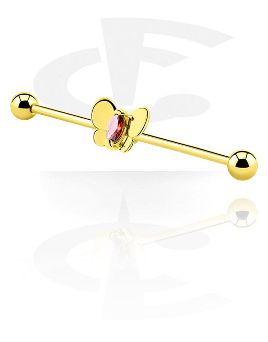 Barbells, Industrial Barbell with butterfly charm and crystal stone, Gold Plated Surgical Steel 316L ,  Gold Plated Brass