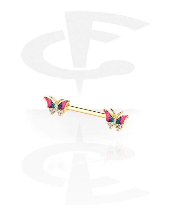 Piercings pezón, Barbell para el pezón con diseño de mariposa y brillantes, Acero quirúrgico 316L chapado en oro ,  Latón chapado en oro