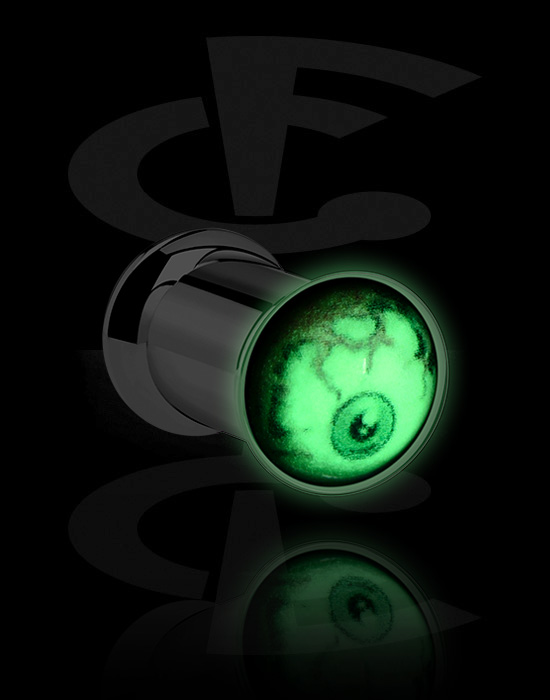 Tunely & plugy, "Glow in the dark" double flared plug (surgical steel, silver, shiny finish) s Motív oko, Chirurgická oceľ 316L