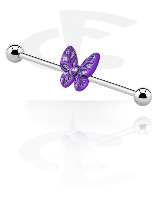 Barbells, Industrial Barbell with butterfly charm and crystal stone, Surgical Steel 316L ,  Plated Brass