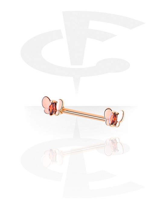 Piercings para os mamilos, Barbell para o mamilo com design borboleta e pedra de cristal, Aço cirúrgico 316L banhado a ouro rosé ,  Latão banhado a ouro rosé