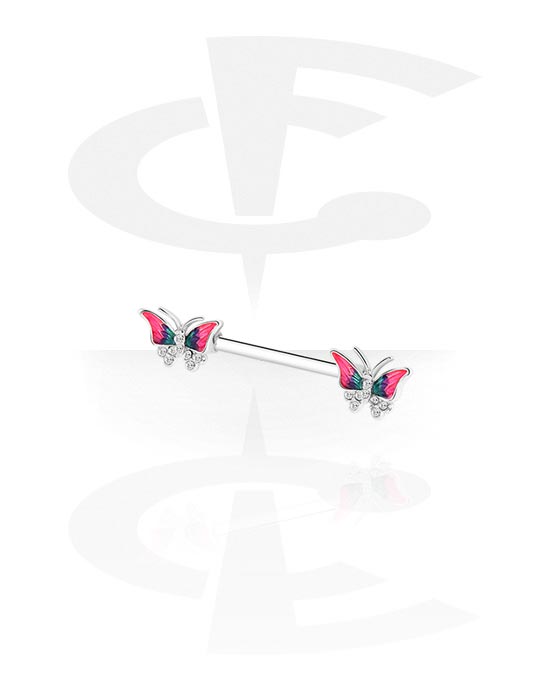 Nipple Piercings, Nipple Barbell with butterfly design and crystal stones, Surgical Steel 316L ,  Plated Brass