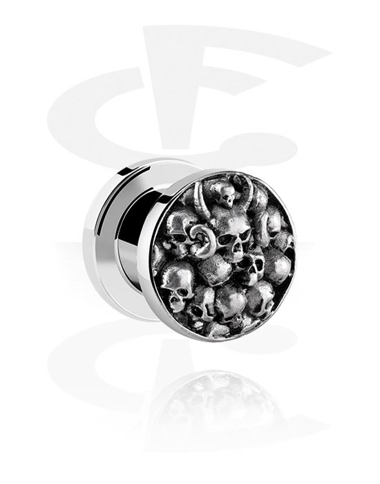Tunnels & Plugs, Screw-on tunnel (surgical steel, silver, shiny finish) with skull design, Surgical Steel 316L, Plated Brass