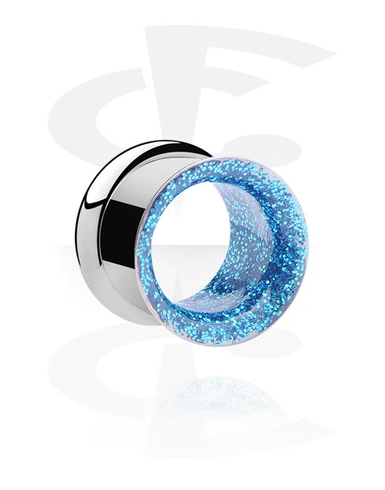 Tunnel & Plug, Double flared tunnel (acciaio chirurgico, argento) con anello interno glitterato, Acciaio chirurgico 316L