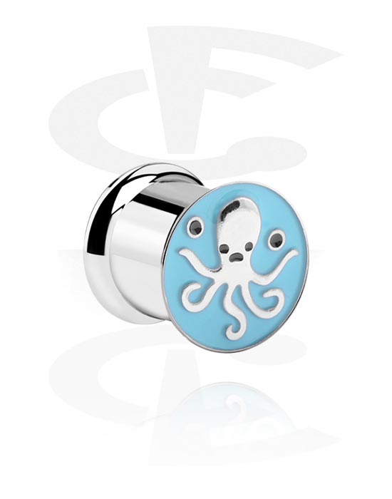 Tunnels & Plugs, Double flared tunnel (surgical steel, silver, shiny finish) with octopus design, Surgical Steel 316L