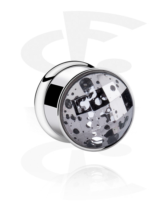 Tunnels & Plugs, Double flared tunnel (surgical steel, silver, shiny finish) with crystal stone, Surgical Steel 316L