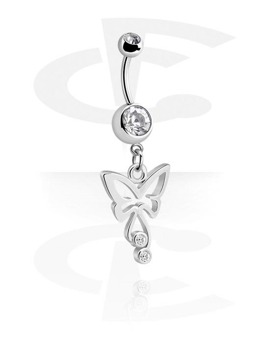 Bananes, Piercing pour le nombril (acier chirurgical, argent, finition brillante) avec accessoire papillon et pierres en cristal, Acier chirurgical 316L