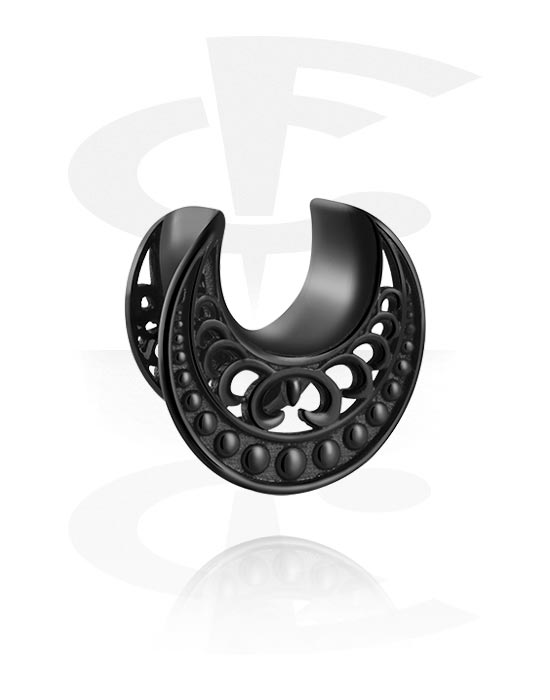 Túneis & Plugs, Meio túnel (Aço, preto, acabamento brilhante) com ornamento, Aço inoxidável 316L