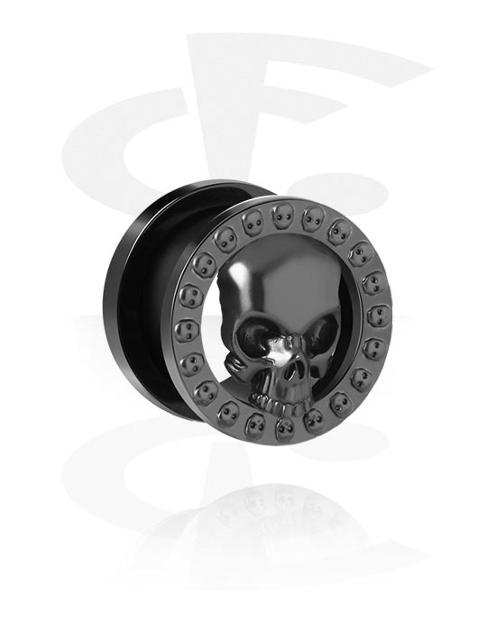 Túneles & plugs, Túnel screw-on (acero, negro, superficie brillante) con diseño de calavera, Acero quirúrgico 316L