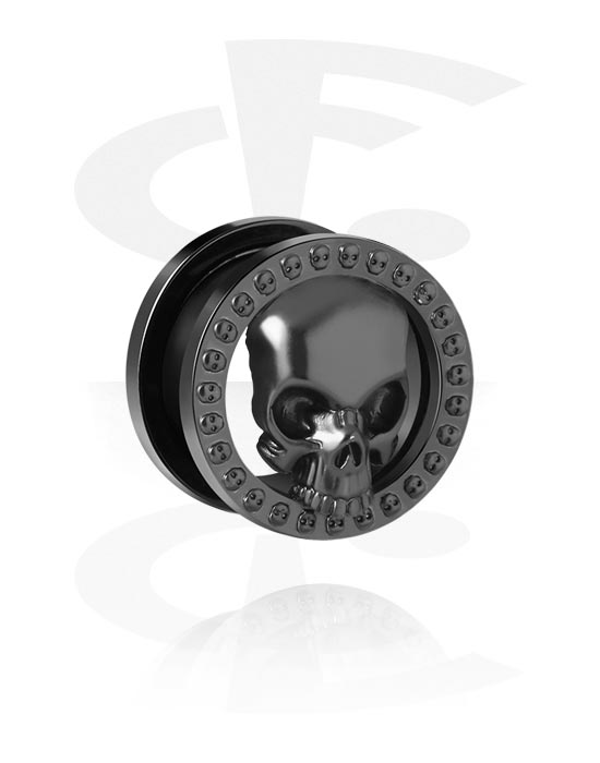 Tunnels & Plugs, Screw-on tunnel (steel, black, shiny surface) with skull design, Stainless Steel 316L