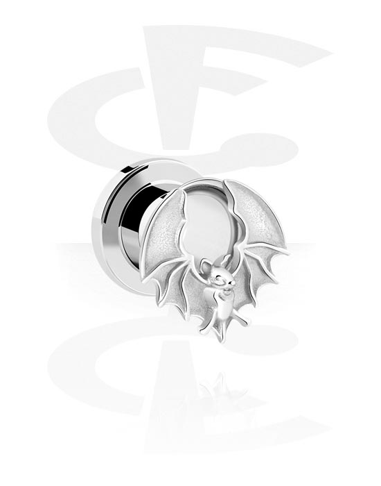 Tunnels & Plugs, Screw-on tunnel (steel, silver, shiny finish) with bat design, Stainless Steel 316L