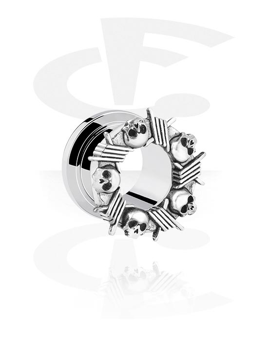 Tunnels & Plugs, Screw-on tunnel (steel, silver, shiny finish) with skull design, Stainless Steel 316L