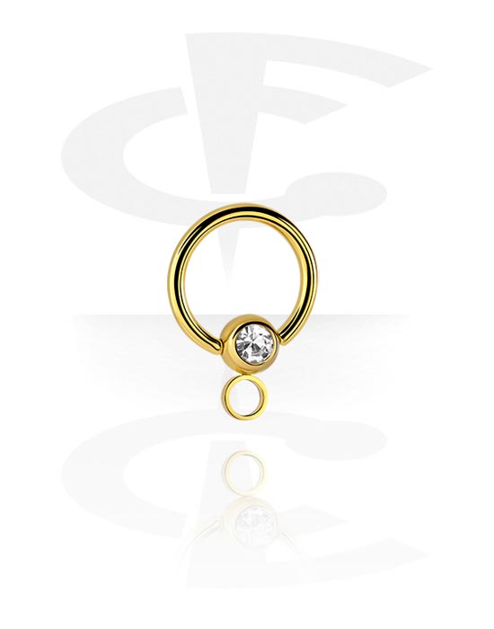 Golyók, tűk és egyebek, Ball closure ring (surgical steel, gold, shiny finish) val vel Kristálykő és hoop for attachments, Aranyozott sebészeti acél, 316L