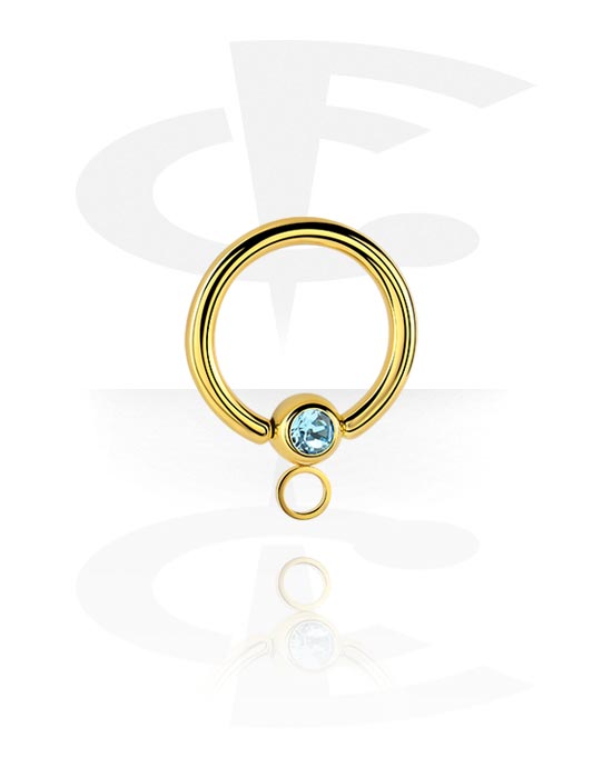 Balls, Pins & More, Ball closure ring (surgical steel, gold, shiny finish) with crystal stone and hoop for attachments, Gold Plated Surgical Steel 316L