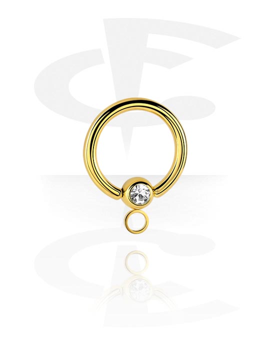 Kugler, stave m.m., Ring med kuglelukning (kirurgisk stål, guld, blank finish) med Krystalsten og hoop til vedhæng, Forgyldt kirurgisk stål 316L