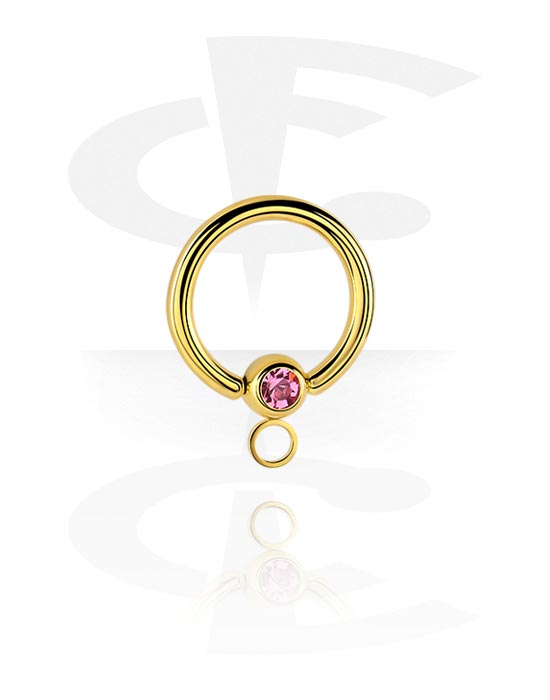 Bolas, barras & mais, Ball closure ring (aço cirúrgico, ouro, brilhante) com pedra de cristal e aro para acessórios, Aço cirúrgico 316L banhado a ouro