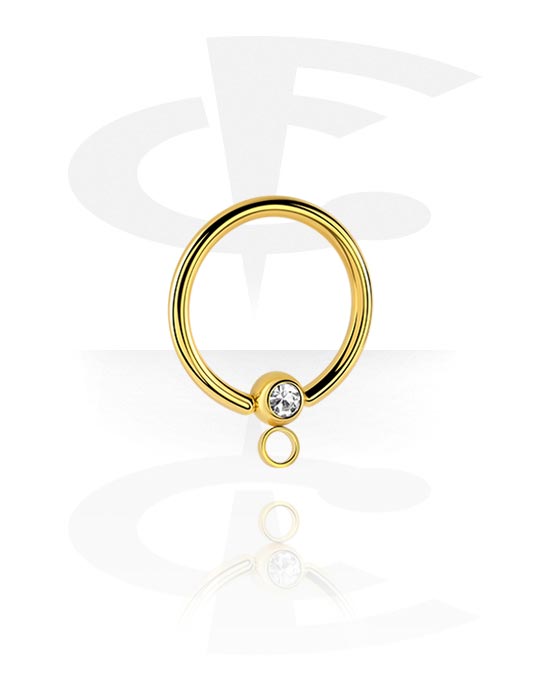 Palline, barrette e altro, Ball closure ring (acciaio chirurgico, oro, finitura lucida) con brillantino e anellino per accessori, Acciaio chirurgico 316L con placcatura in oro