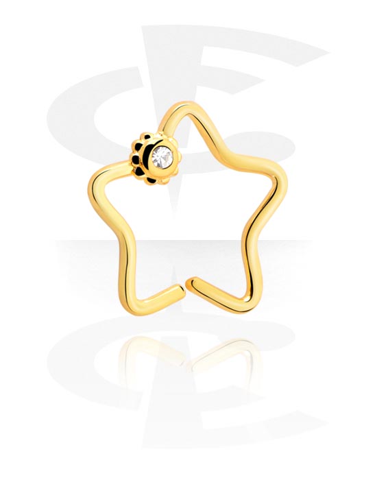 Piercingové kroužky, Spojitý kroužek ve tvaru hvězdy (chirurgická ocel, zlatá, lesklý povrch) s krystalovým kamínkem, Pozlacená chirurgická ocel 316L