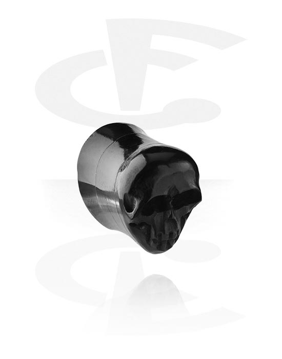 Tunely & plugy, Plug s rozšířenými konci (rohovina, černá) s designem lebka, Rohovina