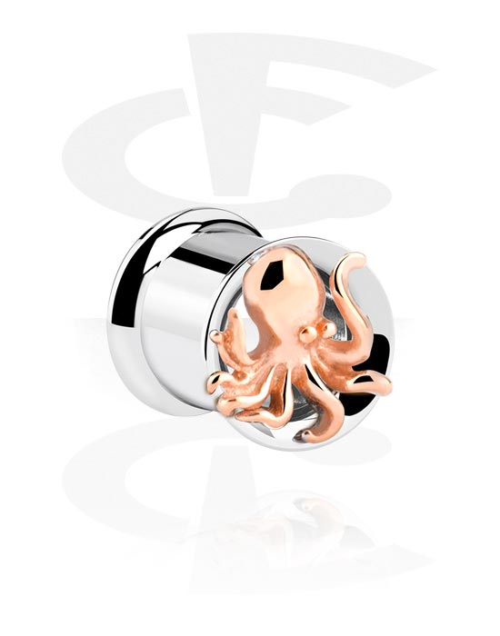 Tunnels & Plugs, Double flared tunnel (surgical steel, silver, shiny finish) with octopus design, Surgical Steel 316L