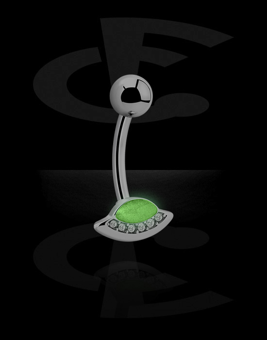 Zahnuté činky, Kroužek do pupíku (chirurgická ocel, stříbrná, lesklý povrch) s designem UFO a Koncovkou „Zářící ve tmě“, Chirurgická ocel 316L ,  Pokovená mosaz