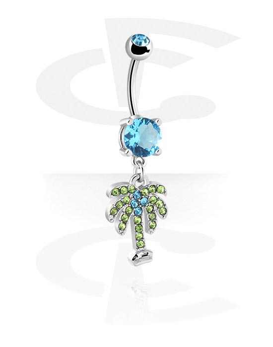 Curved Barbells, Belly button ring (surgical steel, silver, shiny finish) with palm tree design and crystal stones, Surgical Steel 316L ,  Plated Brass