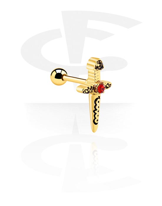 Helix & Tragus, Tragus piercing s designem meč a krystalovým kamínkem, Pozlacená chirurgická ocel 316L, Pozlacená mosaz