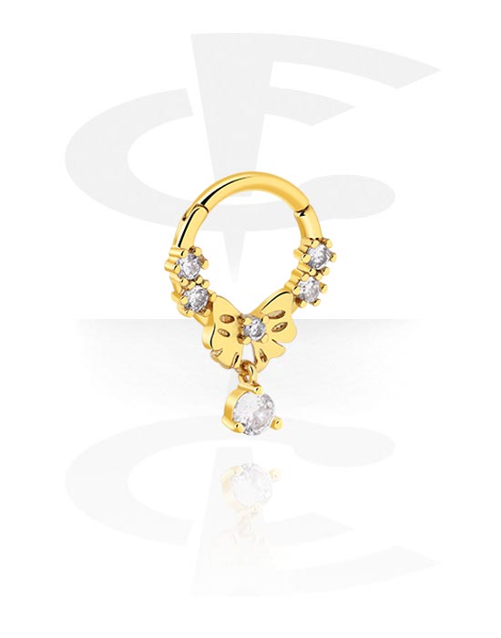 Piercingové kroužky, Piercingový clicker (chirurgická ocel, zlatá, lesklý povrch) s krystalovými kamínky, Pozlacená chirurgická ocel 316L ,  Pozlacená mosaz
