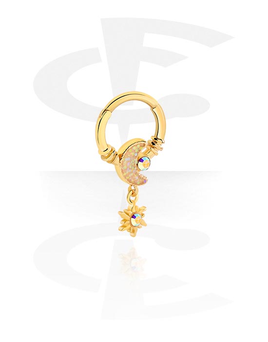 Piercingové kroužky, Piercingový clicker (chirurgická ocel, zlatá, lesklý povrch) s Half moon design a krystalovými kamínky, Pozlacená chirurgická ocel 316L ,  Pozlacená mosaz