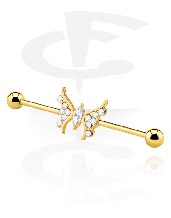 Barbells, Industrial Barbell with butterfly design and crystal stones, Gold Plated Surgical Steel 316L ,  Gold Plated Brass