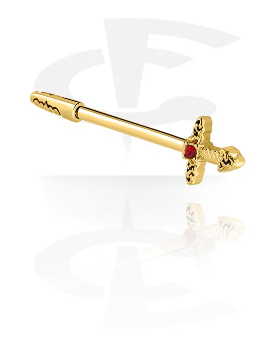 Nipple Piercings, Nipple Barbell with sword design and crystal stone, Gold Plated Surgical Steel 316L, Gold Plated Brass
