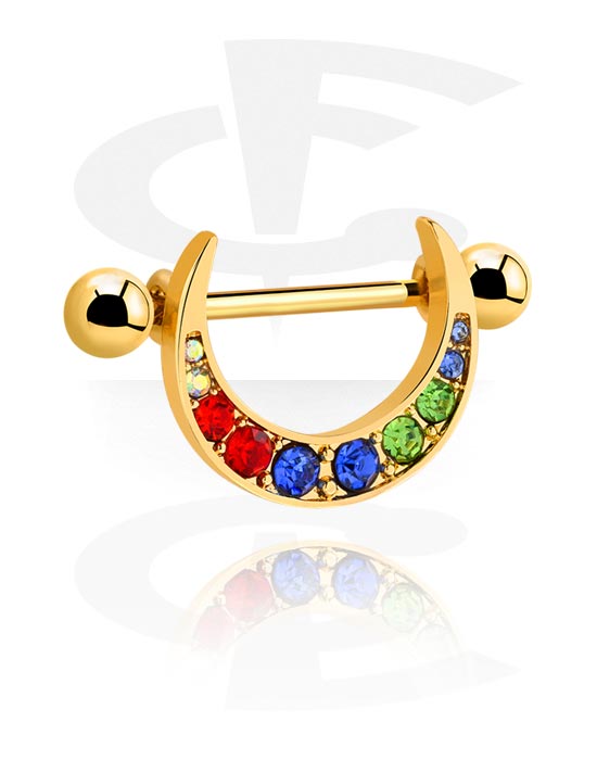 Nipple Piercings, Nipple Shield with crystal stone in various colors, Gold Plated Surgical Steel 316L ,  Gold Plated Brass