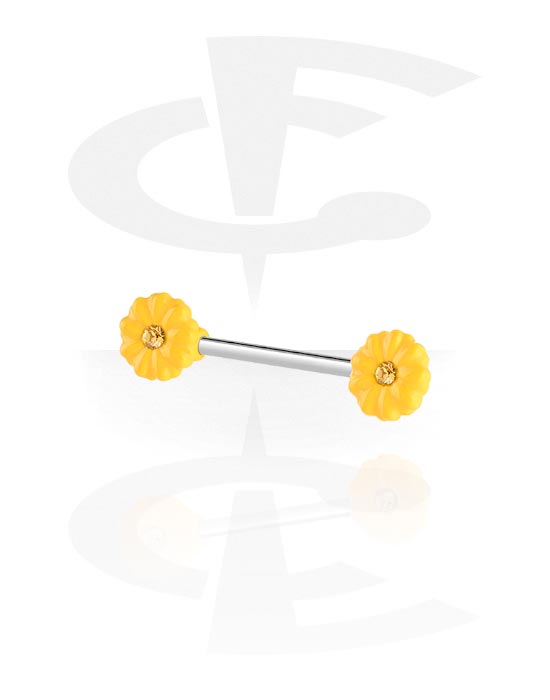 Piercings téton, Barre pour piercing téton avec accessoire tournesol et pierres en cristal, Acier chirurgical 316L ,  Laiton plaqué