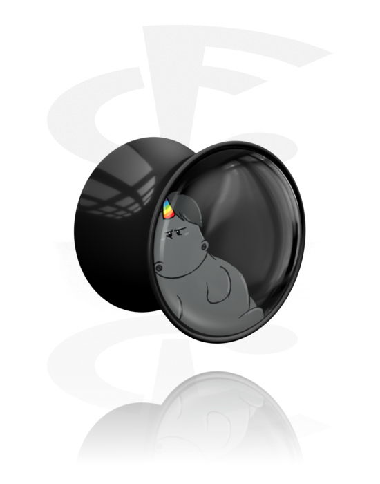 Tunely & plugy, Plug s rozšířenými konci (akryl, černá) s designem mrzutý jednorožec, Akryl