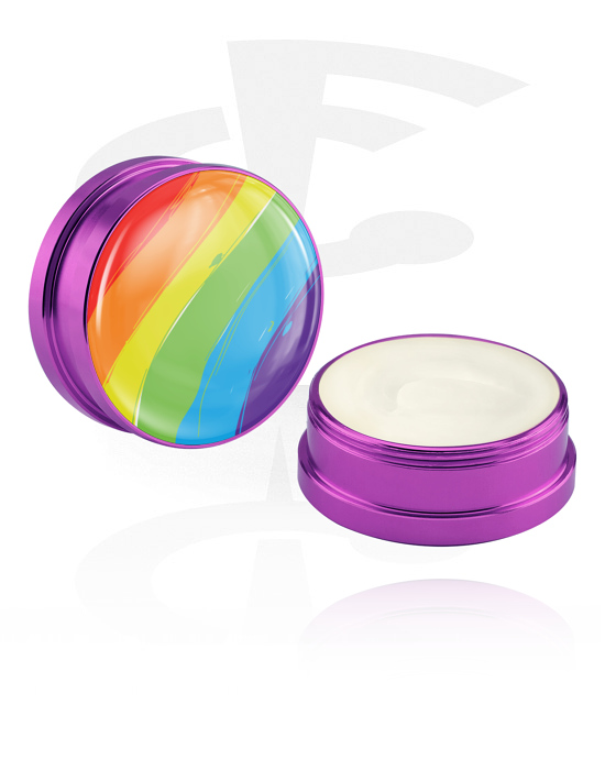 Cleansing and Care, Conditioning Creme and Deodorant for Piercings with rainbow design and glitter, Aluminium Container