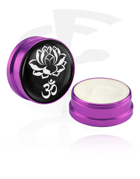 Cleansing and Care, Conditioning Creme and Deodorant for Piercings with lotus flower design and "Om" sign, Aluminium Container