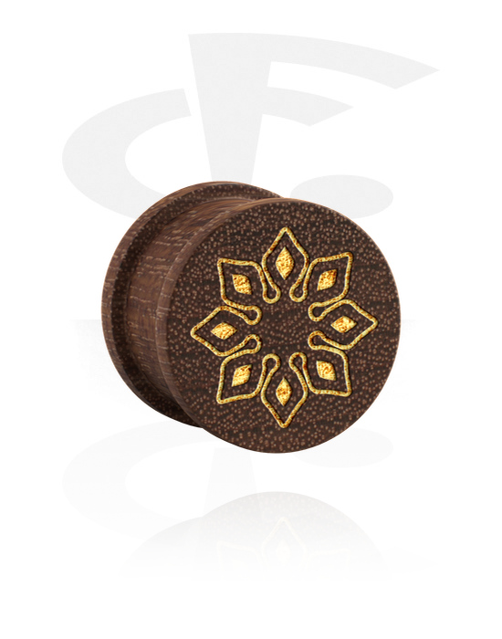 Tunnels & Plugs, Geribbelde plug (hout) met lasergravure ‘gouden bloem’, Mahogany