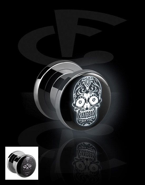 Tunnlar & Pluggar, Screw-on tunnel (surgical steel, silver) med LED attachment och black and white sugar skull "Dia de Los Muertos" design , Kirurgiskt stål 316L