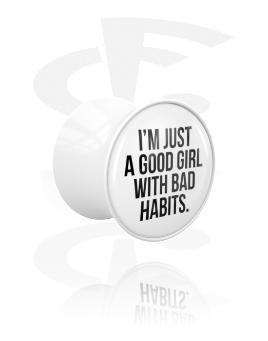 Tunely & plugy, Plug s rozšířenými konci (akryl, černá) s Nápisem „I'm just a good girl with bad habits“, Akryl